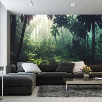 Fototapeta Dark Rainforest, Sun Rays Through The Trees, Rich Jungle Greenery. Atmospheric Fantasy Forest. 3D .