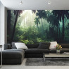Fototapeta Dark Rainforest, Sun Rays Through The Trees, Rich Jungle Greenery. Atmospheric Fantasy Forest. 3D .