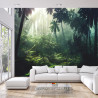 Fototapeta Dark Rainforest, Sun Rays Through The Trees, Rich Jungle Greenery. Atmospheric Fantasy Forest. 3D .