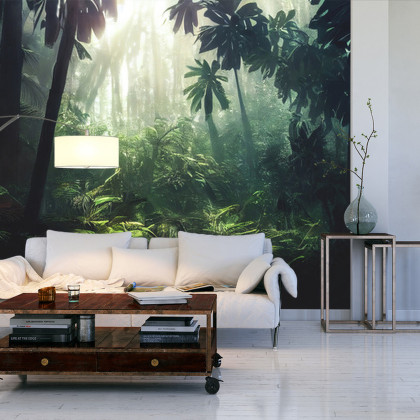 Fototapeta Dark Rainforest, Sun Rays Through The Trees, Rich Jungle Greenery. Atmospheric Fantasy Forest. 3D .