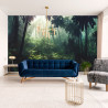 Fototapeta Dark Rainforest, Sun Rays Through The Trees, Rich Jungle Greenery. Atmospheric Fantasy Forest. 3D .