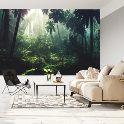 Fototapeta Dark Rainforest, Sun Rays Through The Trees, Rich Jungle Greenery. Atmospheric Fantasy Forest. 3D .