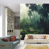Fototapeta Dark Rainforest, Sun Rays Through The Trees, Rich Jungle Greenery. Atmospheric Fantasy Forest. 3D .