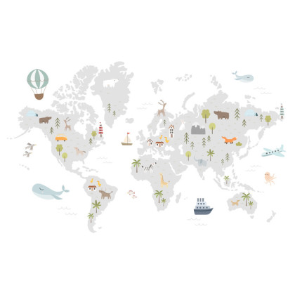 Fototapeta World Map With Cute Animals In Cartoon Style. Map For Nursery, Kids Room With Nature, Animals, Transports. Skandi