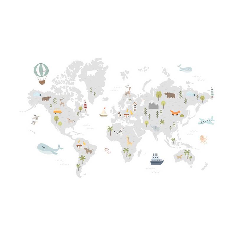 Fototapeta World Map With Cute Animals In Cartoon Style. Map For Nursery, Kids Room With Nature, Animals, Transports. Skandi