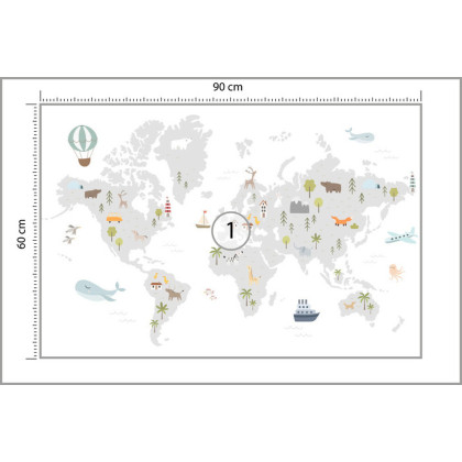 Fototapeta World Map With Cute Animals In Cartoon Style. Map For Nursery, Kids Room With Nature, Animals, Transports. Skandi