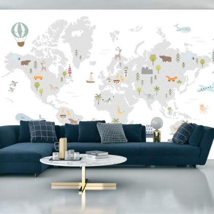 Fototapeta World Map With Cute Animals In Cartoon Style. Map For Nursery, Kids Room With Nature, Animals, Transports. Skandi