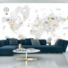 Fototapeta World Map With Cute Animals In Cartoon Style. Map For Nursery, Kids Room With Nature, Animals, Transports. Skandi