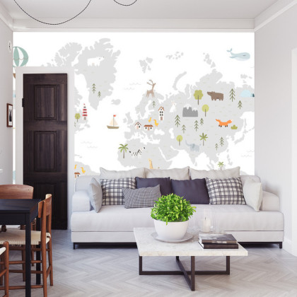 Fototapeta World Map With Cute Animals In Cartoon Style. Map For Nursery, Kids Room With Nature, Animals, Transports. Skandi