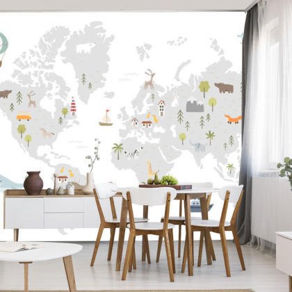 Fototapeta World Map With Cute Animals In Cartoon Style. Map For Nursery, Kids Room With Nature, Animals, Transports. Skandi
