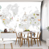 Fototapeta World Map With Cute Animals In Cartoon Style. Map For Nursery, Kids Room With Nature, Animals, Transports. Skandi