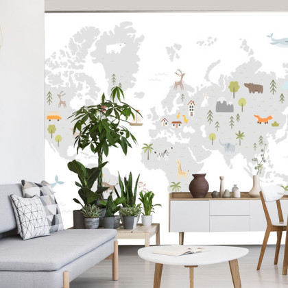 Fototapeta World Map With Cute Animals In Cartoon Style. Map For Nursery, Kids Room With Nature, Animals, Transports. Skandi