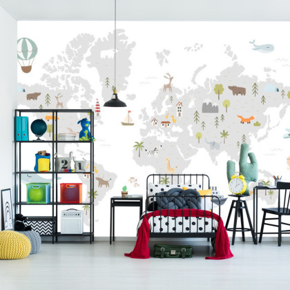Fototapeta World Map With Cute Animals In Cartoon Style. Map For Nursery, Kids Room With Nature, Animals, Transports. Skandi