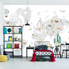 Fototapeta World Map With Cute Animals In Cartoon Style. Map For Nursery, Kids Room With Nature, Animals, Transports. Skandi