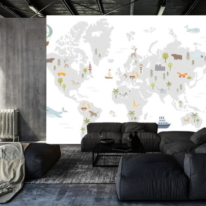 Fototapeta World Map With Cute Animals In Cartoon Style. Map For Nursery, Kids Room With Nature, Animals, Transports. Skandi