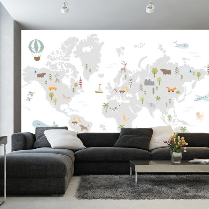 Fototapeta World Map With Cute Animals In Cartoon Style. Map For Nursery, Kids Room With Nature, Animals, Transports. Skandi