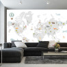 Fototapeta World Map With Cute Animals In Cartoon Style. Map For Nursery, Kids Room With Nature, Animals, Transports. Skandi
