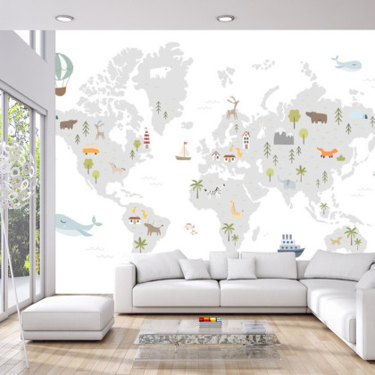 Fototapeta World Map With Cute Animals In Cartoon Style. Map For Nursery, Kids Room With Nature, Animals, Transports. Skandi