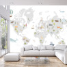 Fototapeta World Map With Cute Animals In Cartoon Style. Map For Nursery, Kids Room With Nature, Animals, Transports. Skandi