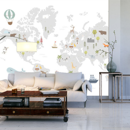 Fototapeta World Map With Cute Animals In Cartoon Style. Map For Nursery, Kids Room With Nature, Animals, Transports. Skandi