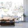 Fototapeta World Map With Cute Animals In Cartoon Style. Map For Nursery, Kids Room With Nature, Animals, Transports. Skandi