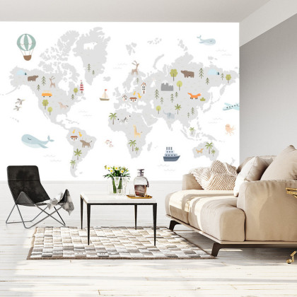 Fototapeta World Map With Cute Animals In Cartoon Style. Map For Nursery, Kids Room With Nature, Animals, Transports. Skandi