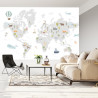 Fototapeta World Map With Cute Animals In Cartoon Style. Map For Nursery, Kids Room With Nature, Animals, Transports. Skandi