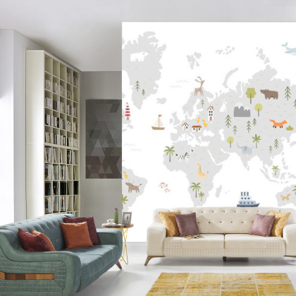 Fototapeta World Map With Cute Animals In Cartoon Style. Map For Nursery, Kids Room With Nature, Animals, Transports. Skandi