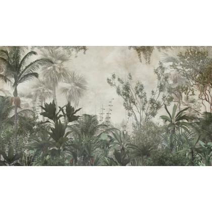 Fototapeta Tropical Trees And Leaves Wallpaper Design In Foggy Forest - 3D