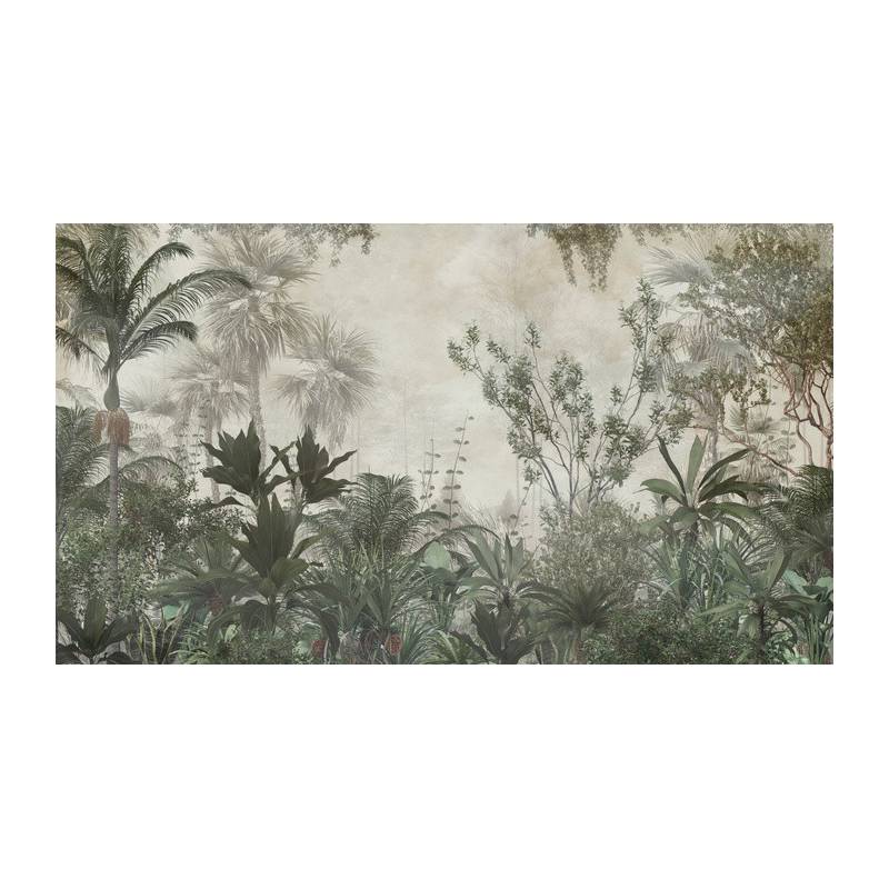 Fototapeta Tropical Trees And Leaves Wallpaper Design In Foggy Forest - 3D