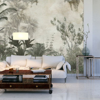 Fototapeta Tropical Trees And Leaves Wallpaper Design In Foggy Forest - 3D
