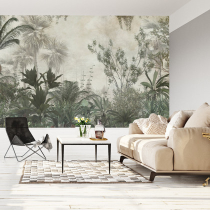 Fototapeta Tropical Trees And Leaves Wallpaper Design In Foggy Forest - 3D
