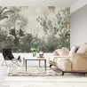 Fototapeta Tropical Trees And Leaves Wallpaper Design In Foggy Forest - 3D