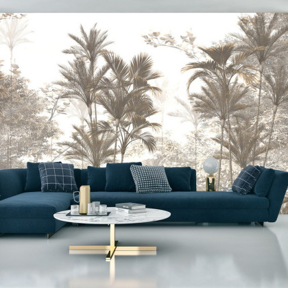 Fototapeta Tropical Trees And Leaves Wallpaper Design In Foggy Forest - 3D