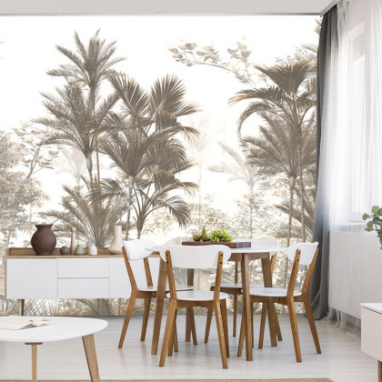 Fototapeta Tropical Trees And Leaves Wallpaper Design In Foggy Forest - 3D