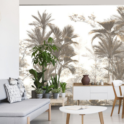 Fototapeta Tropical Trees And Leaves Wallpaper Design In Foggy Forest - 3D