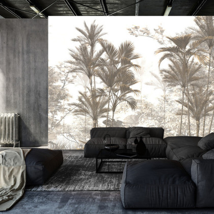 Fototapeta Tropical Trees And Leaves Wallpaper Design In Foggy Forest - 3D