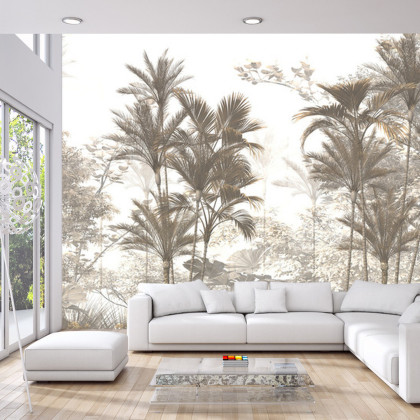 Fototapeta Tropical Trees And Leaves Wallpaper Design In Foggy Forest - 3D