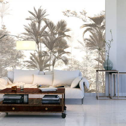 Fototapeta Tropical Trees And Leaves Wallpaper Design In Foggy Forest - 3D