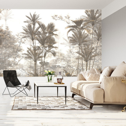 Fototapeta Tropical Trees And Leaves Wallpaper Design In Foggy Forest - 3D