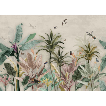 Fototapeta Wallpaper Palm Tropical Forest Vintage Jungle Pattern With Birds