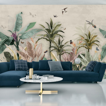 Fototapeta Wallpaper Palm Tropical Forest Vintage Jungle Pattern With Birds