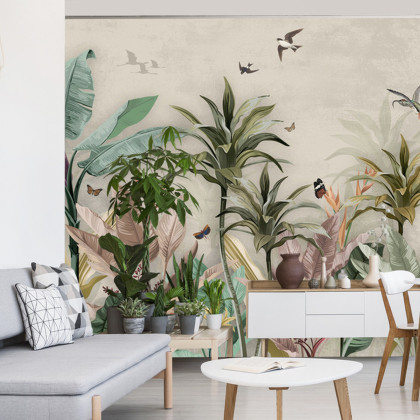Fototapeta Wallpaper Palm Tropical Forest Vintage Jungle Pattern With Birds