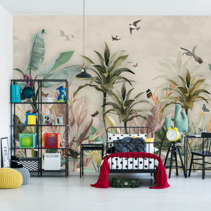 Fototapeta Wallpaper Palm Tropical Forest Vintage Jungle Pattern With Birds