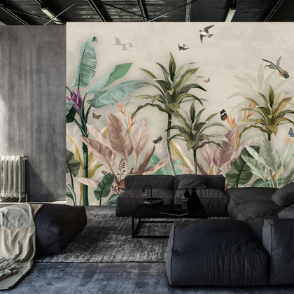 Fototapeta Wallpaper Palm Tropical Forest Vintage Jungle Pattern With Birds