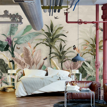 Fototapeta Wallpaper Palm Tropical Forest Vintage Jungle Pattern With Birds