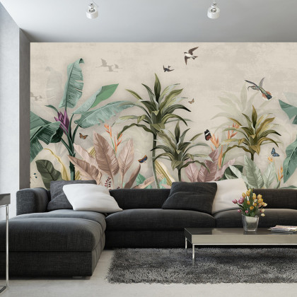 Fototapeta Wallpaper Palm Tropical Forest Vintage Jungle Pattern With Birds