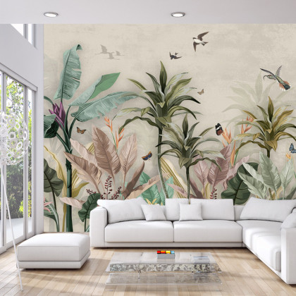 Fototapeta Wallpaper Palm Tropical Forest Vintage Jungle Pattern With Birds