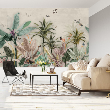 Fototapeta Wallpaper Palm Tropical Forest Vintage Jungle Pattern With Birds