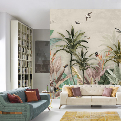Fototapeta Wallpaper Palm Tropical Forest Vintage Jungle Pattern With Birds